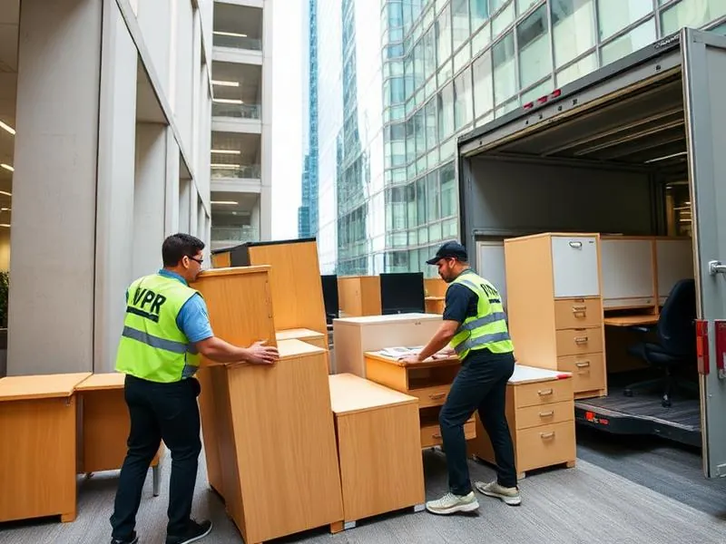 Office furniture removal in Toronto commercial building — desks and cabinets being hauled away by professional junk removal crew