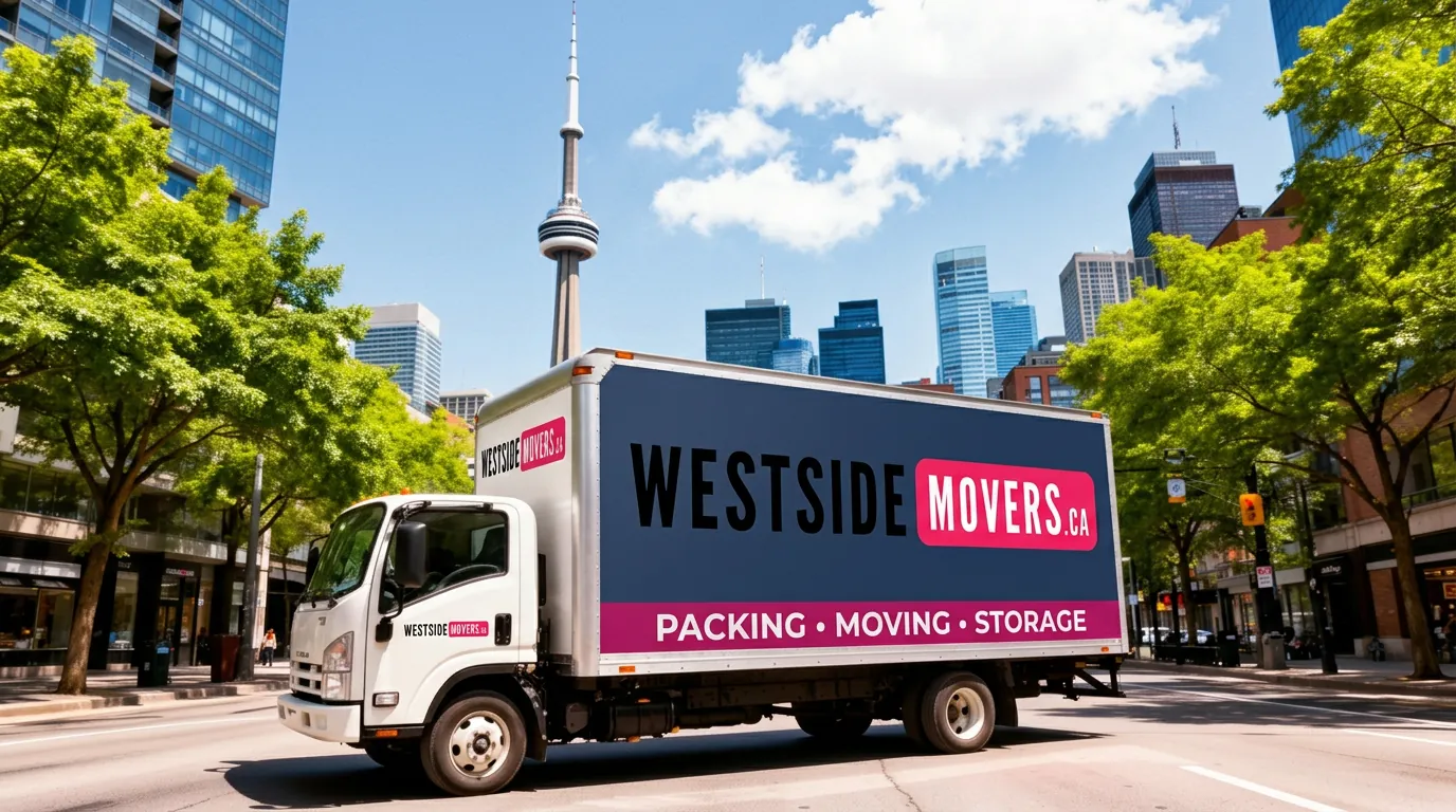 Westside Movers branded truck driving through downtown Toronto on a sunny day with CN Tower in background